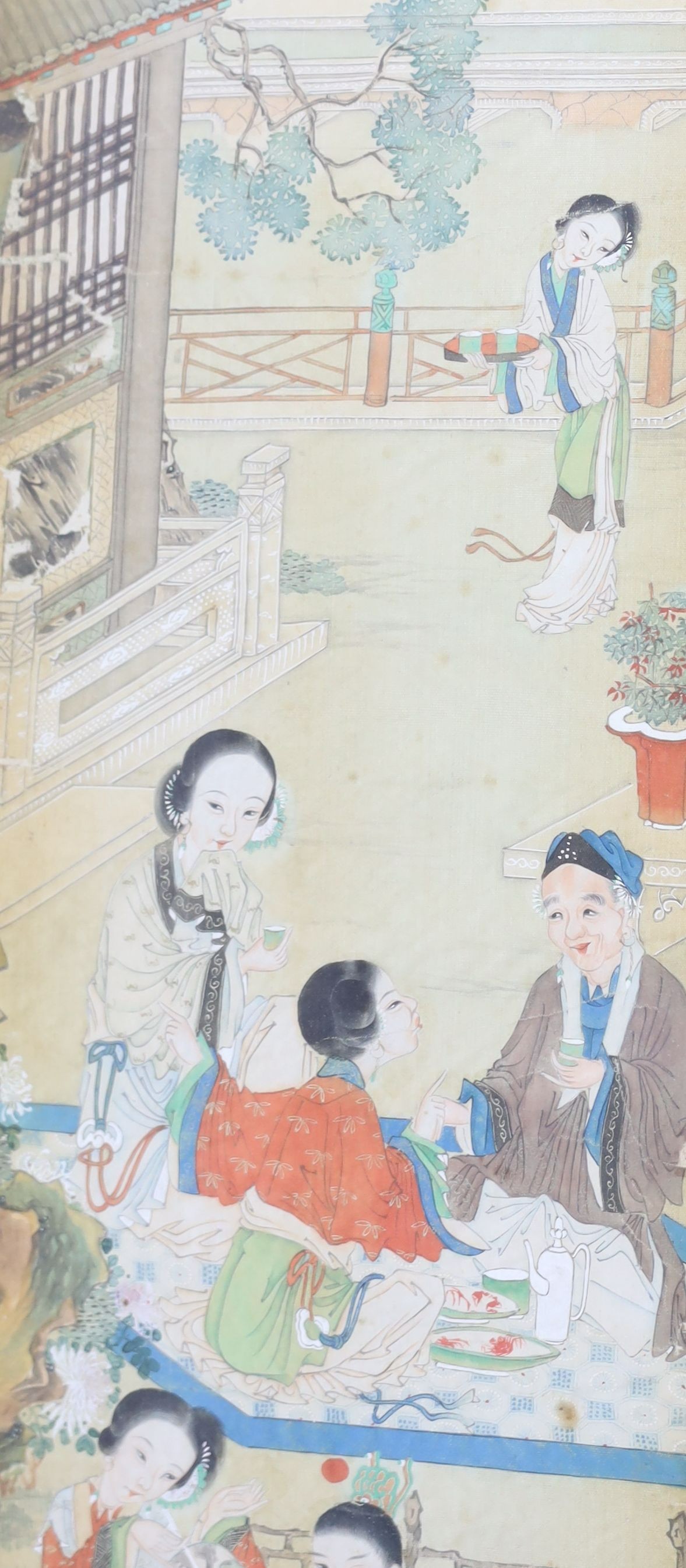 A set of four Chinese paintings on silk of ladies in pavilion gardens, 19th century each image 82 cm x 18.5 cm, damage